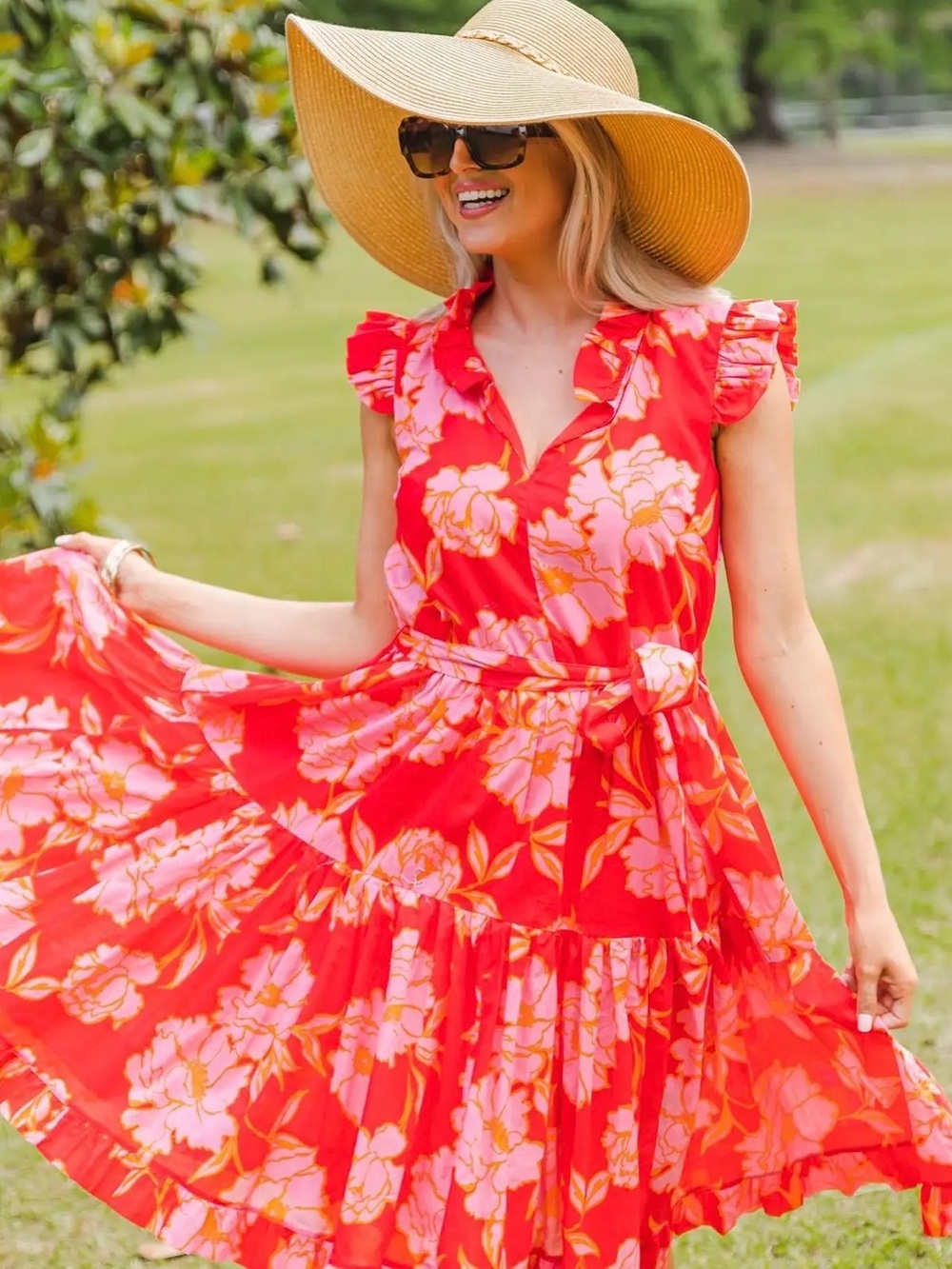 Olivaceous Red & Pink Floral Tiered Cotton Midi Dress Sz Small